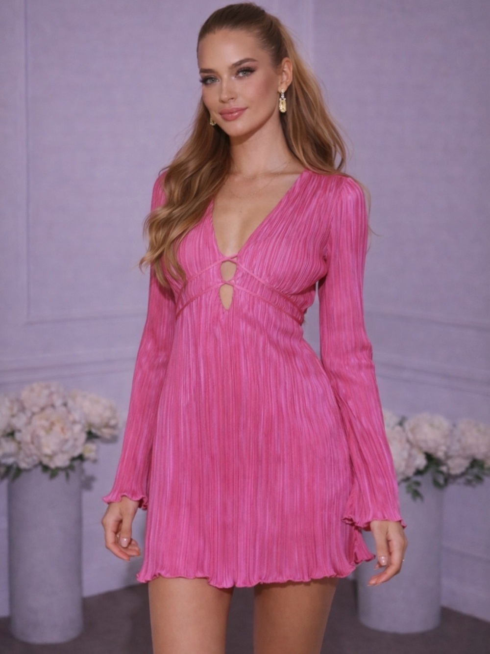 Pink V-Neck Pleated Mini Dress